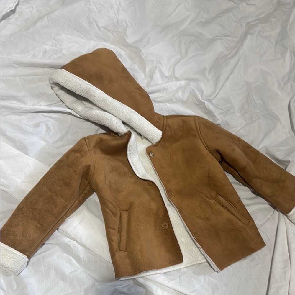 Tan and White Hooded Puffer Jacket with Plush Lining